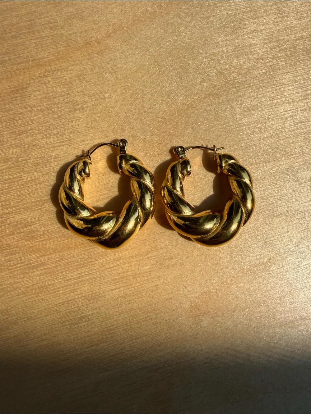 NWT Gold Plated Stainless Steel Chunky Twisted Rope Hoop Earrings